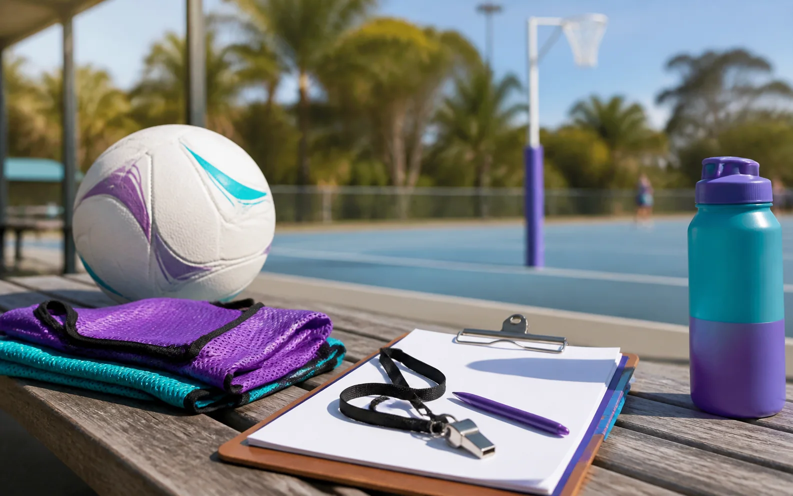 Netball policy and safety equipment beside an outdoor court